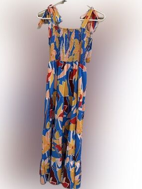 Bright Blue Floral Tiered Maxi Dress with Smocked Bodice and Tie Straps